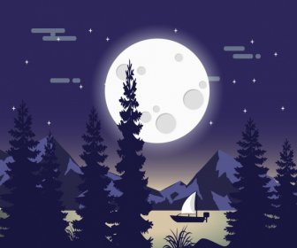 Природа Пейзаж рисунок Круглая луна озеро лодке значки