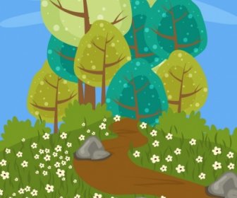Nature Landscape Drawing Water Colored Cartoon Design