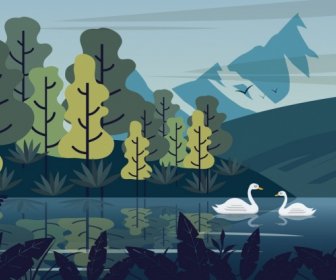Nature Landscape Painting Lake Swan Trees Mountain Icons