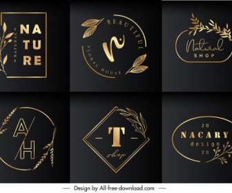 Plantillas De Logotipos De Naturaleza Elegante Decoración De Plantas Doradas Oscuras
