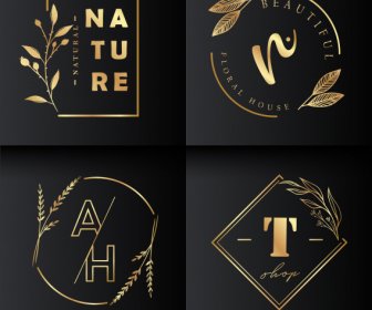 Plantillas De Logotipos De Naturaleza Hojas Doradas Decoración Elegancia Oscura