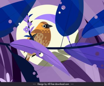 Lukisan Alam Burung Bertengger Sketsa Berwarna Desain Retro