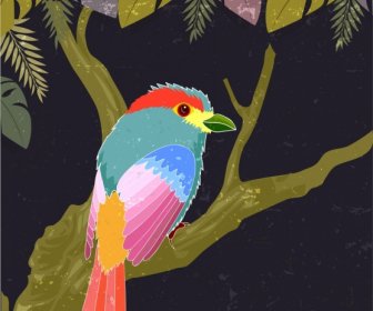 Nature Painting Colorful Bird Tree Icons Dark Design