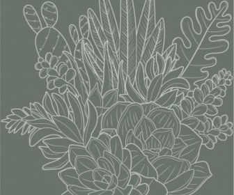 자연 페인팅 다크 복고풍 핸드그린 꽃 잎