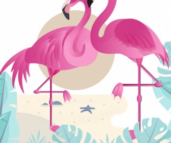 Nature Painting Flamingo Couple Sketch Colorful Flat Design