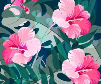 Nature Painting Hibiscus Flowers Leaves Decor Classical Design