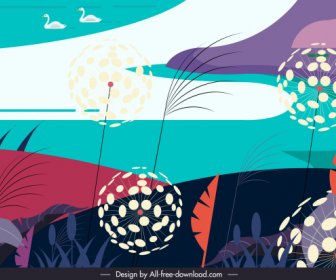 自然画天鹅湖蒲公英素描五颜六色经典