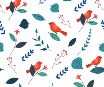 Nature Pattern Birds Leaf Icons Decor Repeating Design