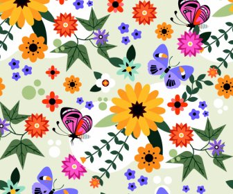 Pola Alam Bunga Berwarna-warni Butterfly Dekorasi Desain Datar