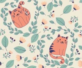 Nature Pattern Flowers Cat Icons Colored Classical Sketch