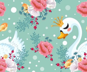Nature Pattern Flowers Swan Icons Decor Repeating Design