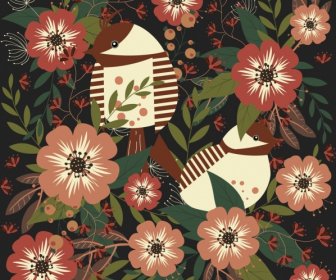Nature Pattern Red Flowers Songbirds Icons Decoration