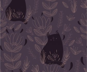 自然パターンテンプレート猫の葉のスケッチ暗いレトロ