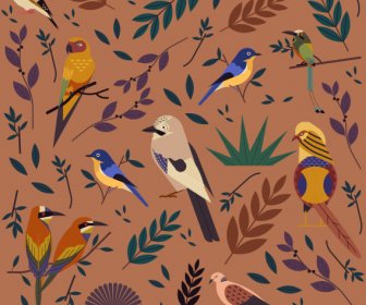 Nature Pattern Template Colorful Birds Species Leaf Decor