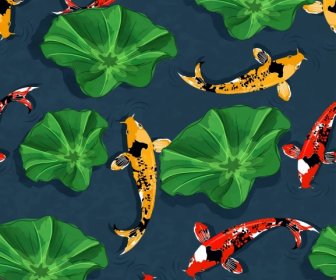 प्रकृति पैटर्न टेम्पलेट रंगीन सजावटी मछलियों पौधों सजावट