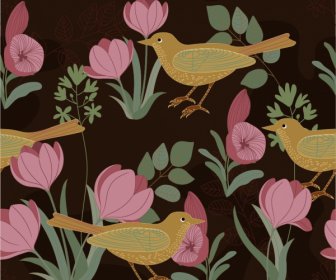 自然パターンテンプレート暗い古典的な花の鳥のスケッチ