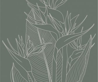 自然植物はレトロな手描きのモノクロデザインを描く