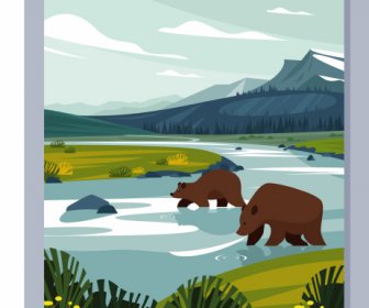 природа плакат медведей охота река эскиз мультфильм дизайн