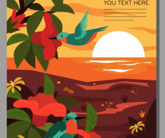 Poster Thiên Nhiên đầy Màu Sắc Hoa Tối Chim Ký Họa Biển