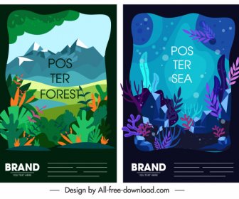 Nature Poster Forest Marine Scenes Sketch Colorful Design