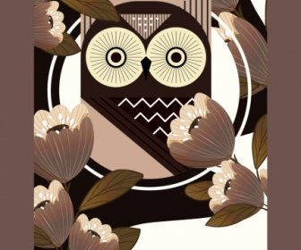 自然海報貓頭鷹花素描經典設計。