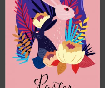 Alam Poster Kelinci Bunga Sketsa Dekorasi Warna-warni Klasik