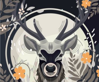 Nature Poster Reindeer Head Flowers Leaves Sketch