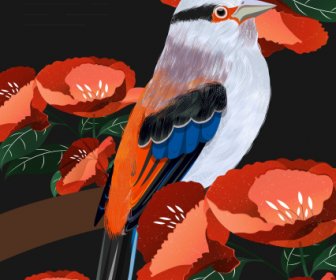 Nature Poster Template Colorful Flowers Bird Perching Sketch