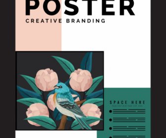 Alam Poster Template Lucu Burung Pipit Mekar Dekorasi Bunga