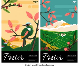Nature Poster Templates Bird Mountain Sketch Colorful Classic