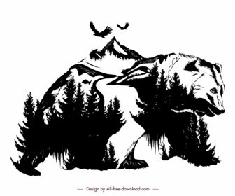 자연 보존 배경 고전적인 곰 산 숲 스케치