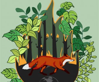 Nature Protection Banner Forest Fire Disaster Fox Sketch