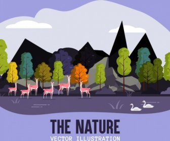 自然場景背景樹馴鹿天鵝圖示裝飾