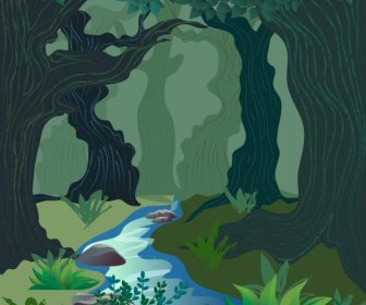 Natur-Szene Wald Stream Symbole Farbige Skizze Zeichnen