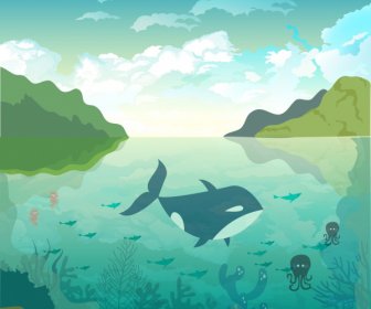 Lukisan Pemandangan Alam Dekorasi Ikon Spesies Laut