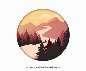 Nature Scenery Background Mountain River Sketch Circle Isolation