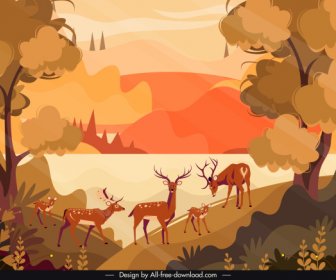 Natur Landschaft Malerei Reindeer Wald Skizze Farbigen Klassiker