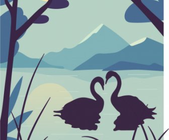 Paisagem Natureza Pintura Cisnes Esboço Lago Clássico Escuro