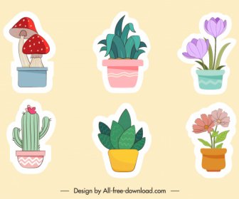 Nature Stickers Colored Flat Pots Sketch