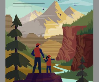 Nature Traveling Poster Mountain Scene Cartoon Design
