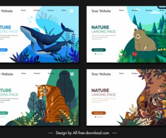 Nature Webpage Templates Animals Sketch Colorful Cartoon Design