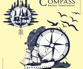 Kompass-Navigation Hintergrund Wald Meer Schiff Symbole