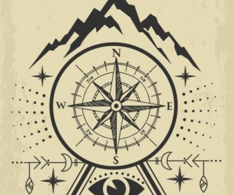 Navigation Kompass Berg Symbole Retro Handgezeichneten Hintergrunddesign