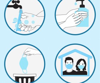 Ncov Epidemic Prevention Icons Flat Handdrawn Symbols Sketch