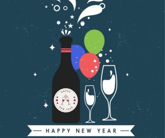 New Year Background Wine Bottle Glass Icons Decor