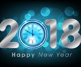 New Year Banner Bokeh Blue Background Clock Icon