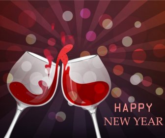 New Year Banner Clinking Glasses Icons Sparkling Rays