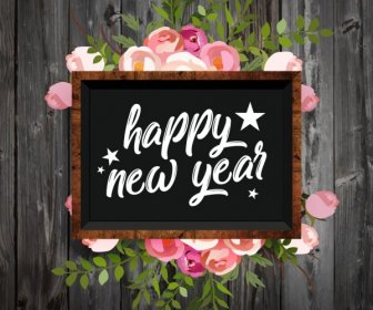 New Year Banner Colorful Roses Decor Blackboard Icon