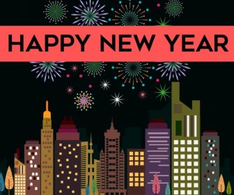 New Year Banner Sparkling Fireworks Modern City Icons