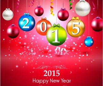 New Year 2015 Greeting Card With Colorful Baubles On Red Background